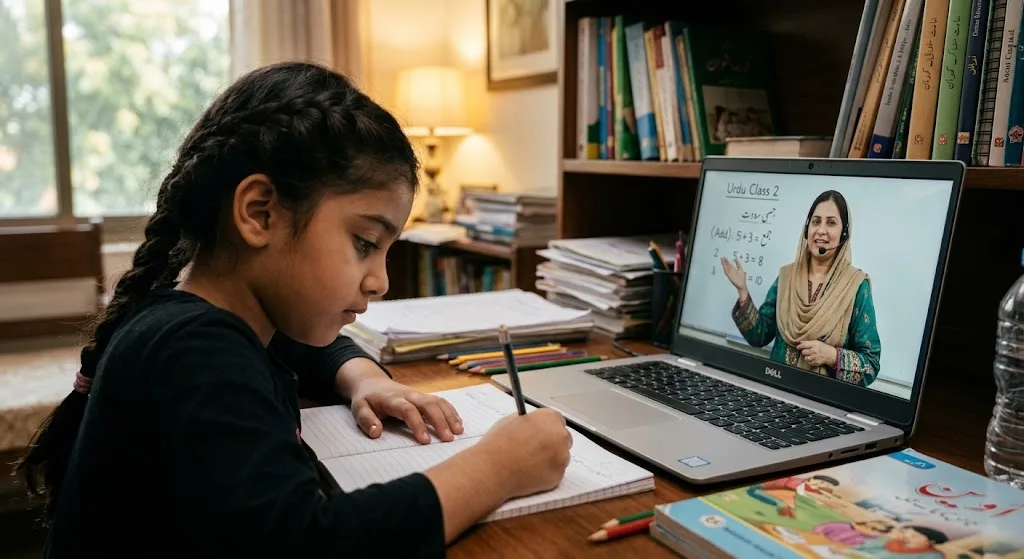A young student writing in a notebook while attending an online class at home
