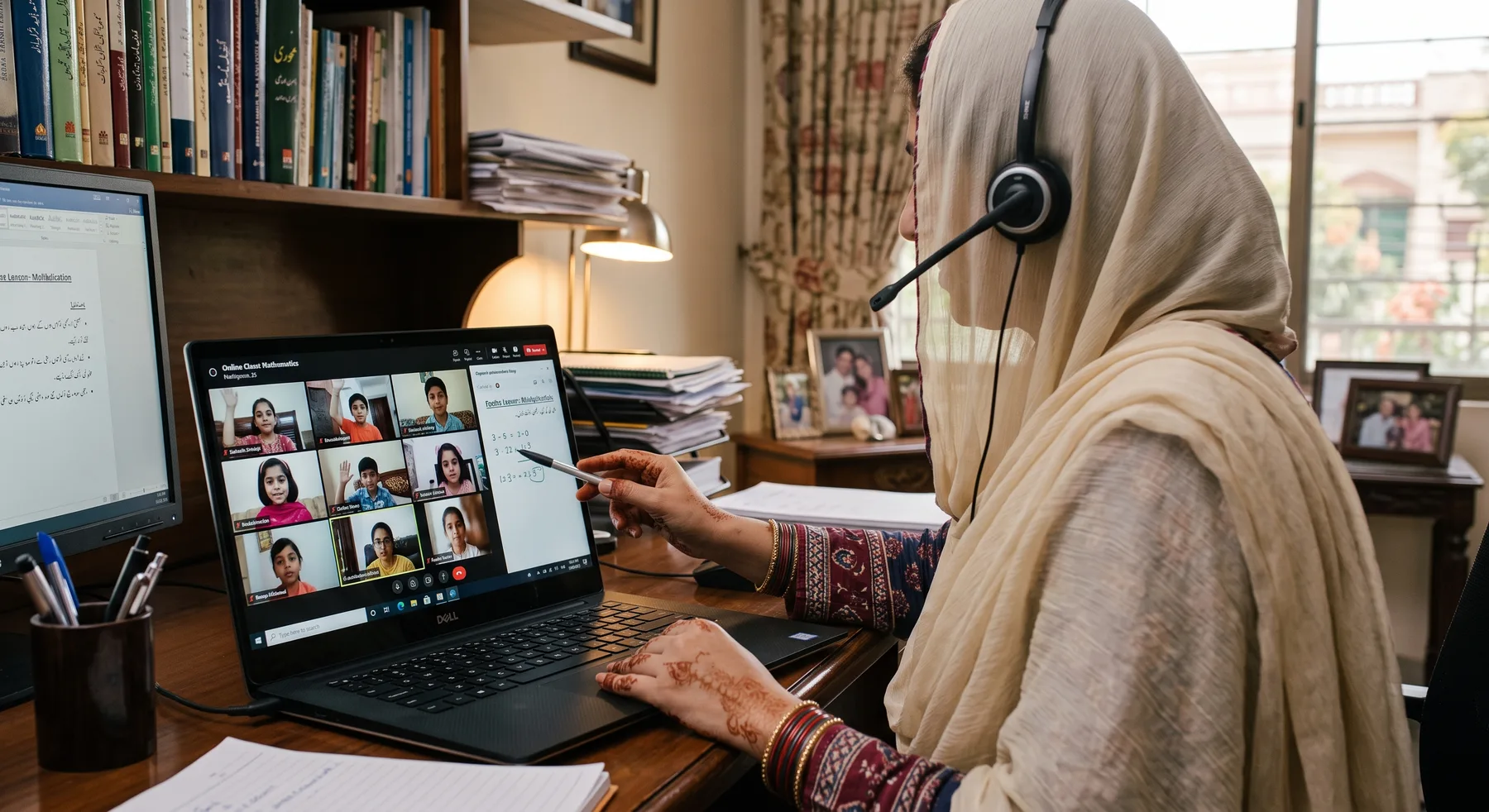 An online teacher wearing a headset delivering a one-to-one lesson to students on a video call